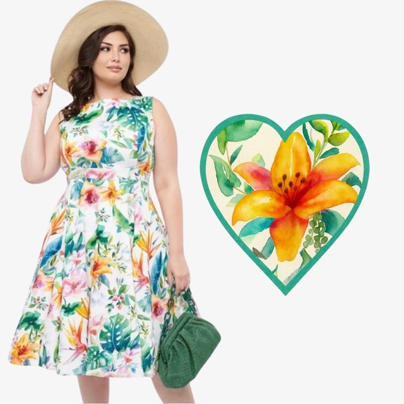 Unique Vintage 50s Tropical White & Orange Floral Cotton Swing Dress, Large, NWT - Picture 3 of 16